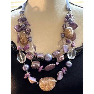 Boho Purple Shell Statement Necklace Mixed Beads Whimsy Sea Siren Fairycore